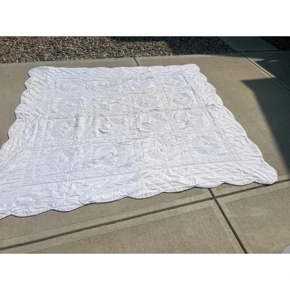 Vintage White Crochet Quilt 80x89  Great for Restoration,Cutter Quilt or Backing